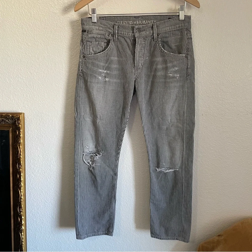 Citizens of Humanity Pinstripe Dylan Boyfriend Distressed Jeans Ankle Crop Grey